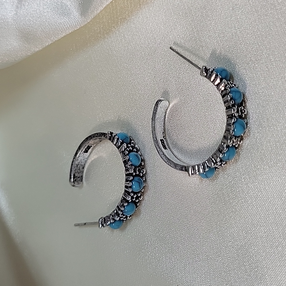 💥FLASH SALE💥Rustic Turquoise Half Hoop Earrings, S925 - Picture 3 of 8